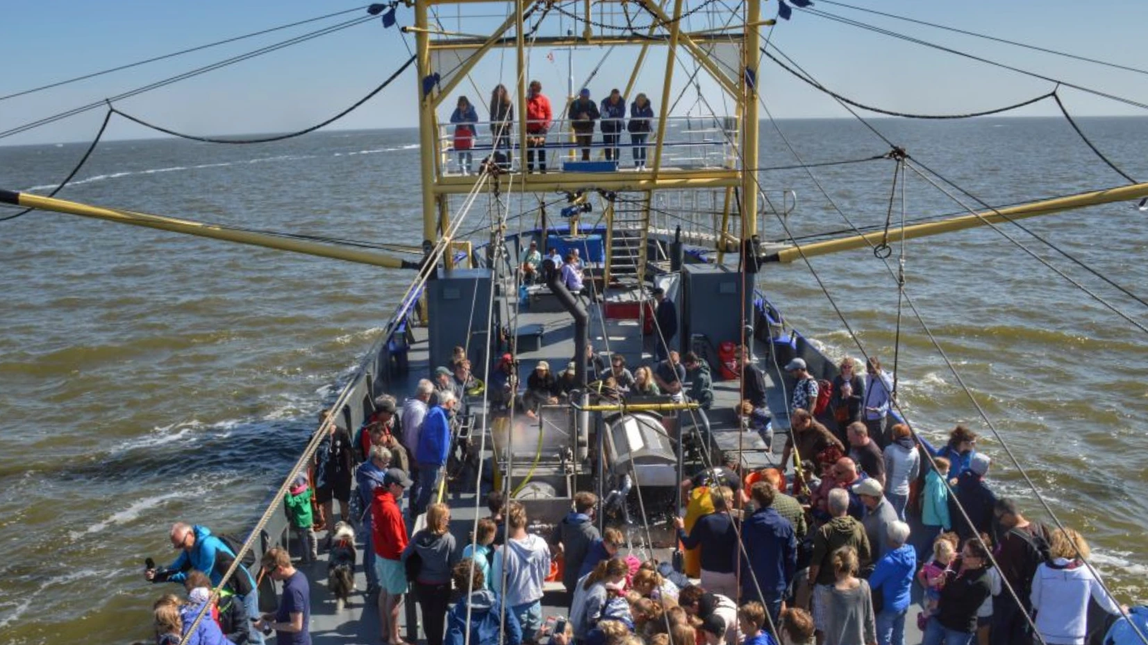 Bezoekers vissen garnalen op een kotter op de Waddenzee vanaf de haven van Oudeschild op Texel